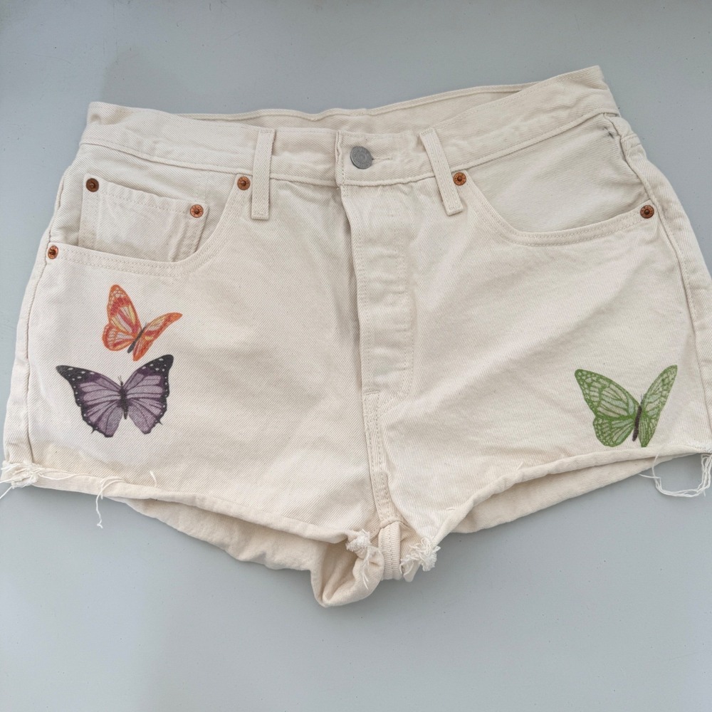 Levis 501 Original Cut Off Denim Shorts White Butterfly Print W31 cottage fairy